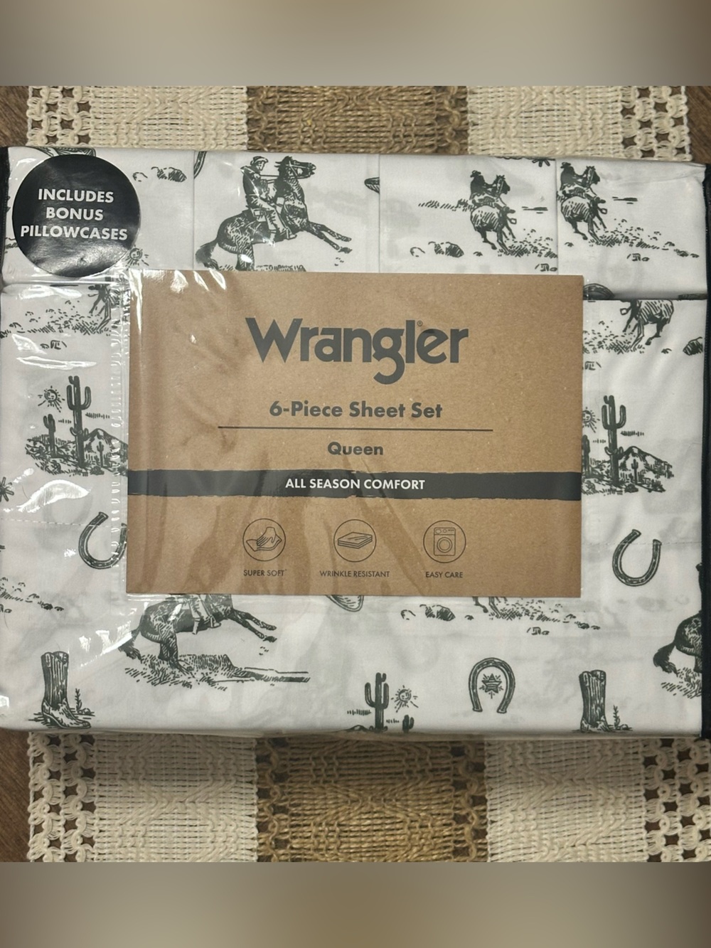 NEW Wrangler White Sheet Set with Dark Green Western Rodeo Cowboy Print